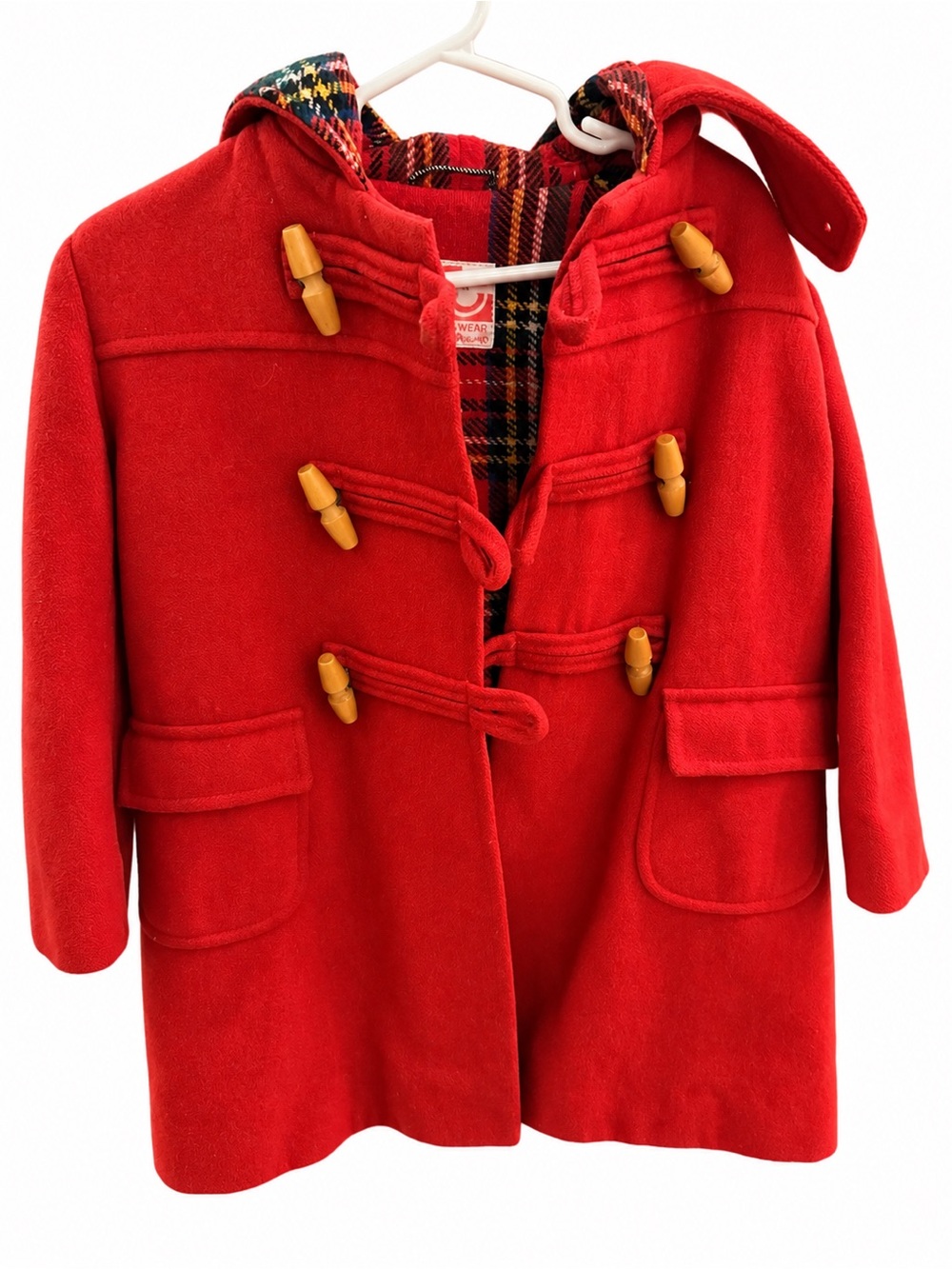 Vintage L.C. Tailorwear Made in England Children’s Red Duffle Coat- tartan lined